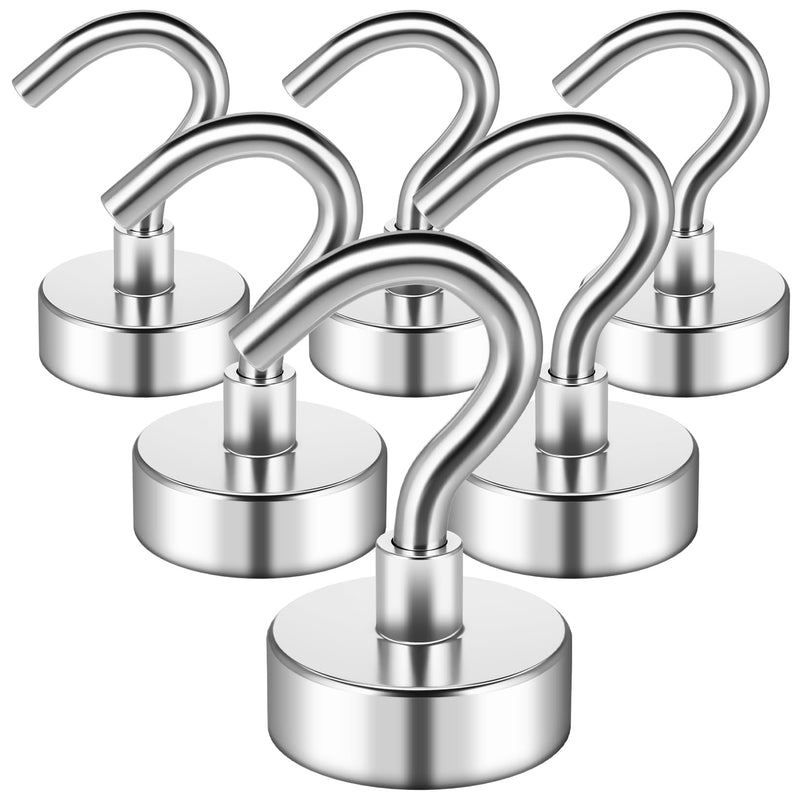 Grtard 6 Pack 25LBS Magnetic Hooks Heavy Duty Neodymium Magnet Hooks for Hanging, Strong Magnetic Hooks for Cruise, Magnets with Hooks for Home, Kitchen, Workplace, Office Silver 25lbs-6pcs