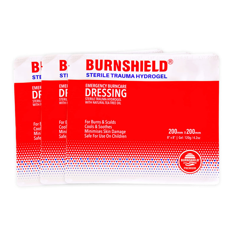 Burnshield Sterile Emergency Burn Dressing 8”x8” (20cm x 20cm)”Cools The Burn” – 3 Pack