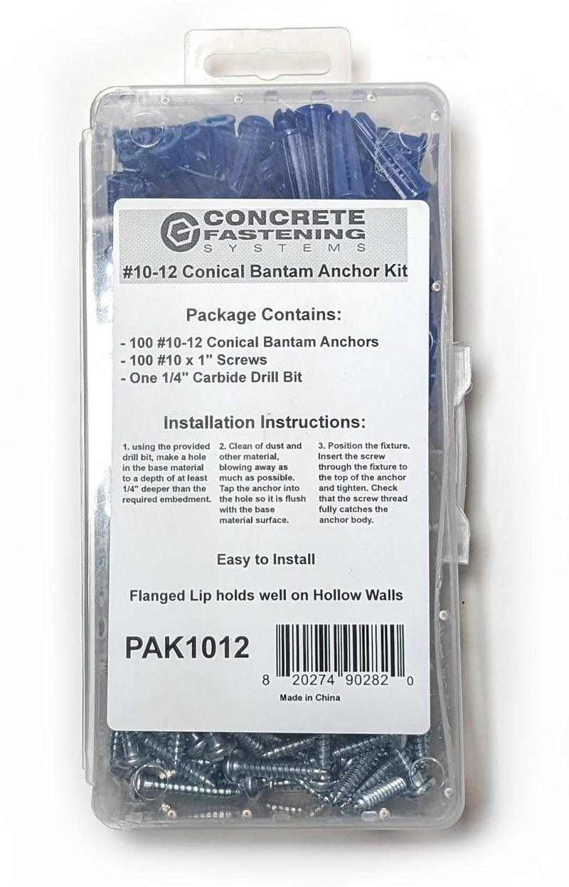CONFAST® #10-12 Plastic Conical Blue Bantam Drywall Wall Anchor Kit PAK1012, Includes (100) Anchors, (100) Screws and (1) Drill bit (201 Pieces) #10 #12