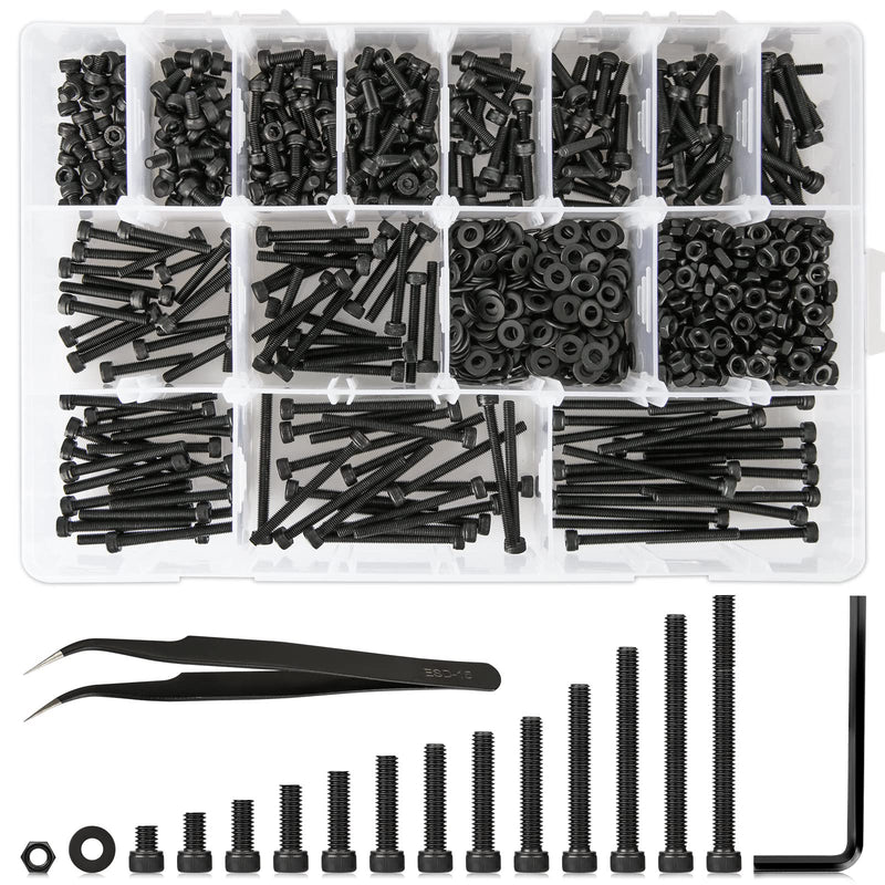 1023PCS Metric M3 Bolt Assortment 13 Lengths 4mm to 40mm, 12.9 Alloy Steel Screws Nuts and Washers Hex Socket Head Cap Machine Screws, Black Bolts and Nuts Kit A M3 Hex Socket Screws Black