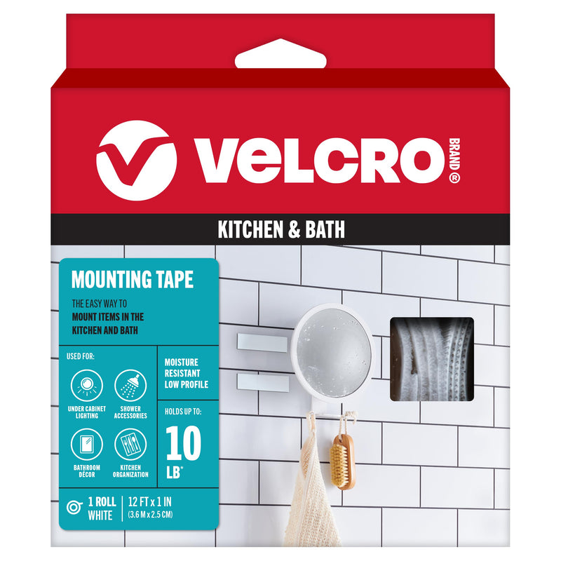 VELCRO Brand Kitchen and Bath Mounting Tape. Moisture Resistant for Installing Shower Accessories and Bathroom Decor. 12ft Heavy Duty Roll Holds 10 pounds. Easy Peel and Stick Application, White 12ft x 1in