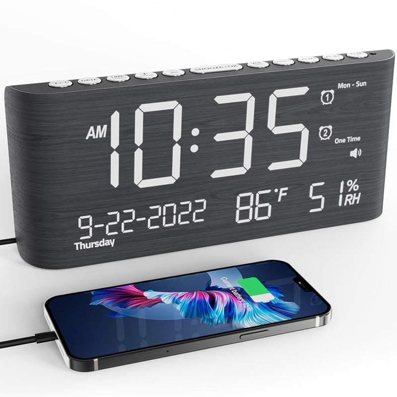 Wooden Digital Alarm Clocks for Bedrooms, Bedside Desk Clock with Day and Date, USB Charging Port, Temperature & Humidity Detect, Weekday/Weekend Mode, Dual Alarm, 2-100% Brightness Dimmer, 12/24H Darkgray