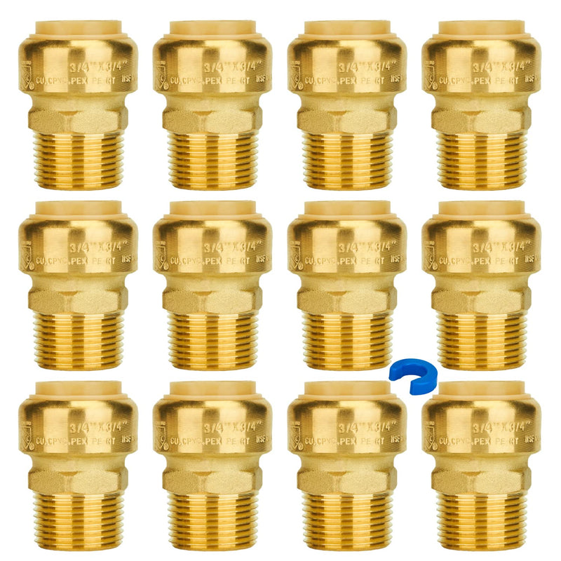 SUNGATOR 12-Pack 3/4 Inch Male Adapter, 3/4" MNPT, Push-to-Connect, Brass 3/4 Inch, 12 Pack