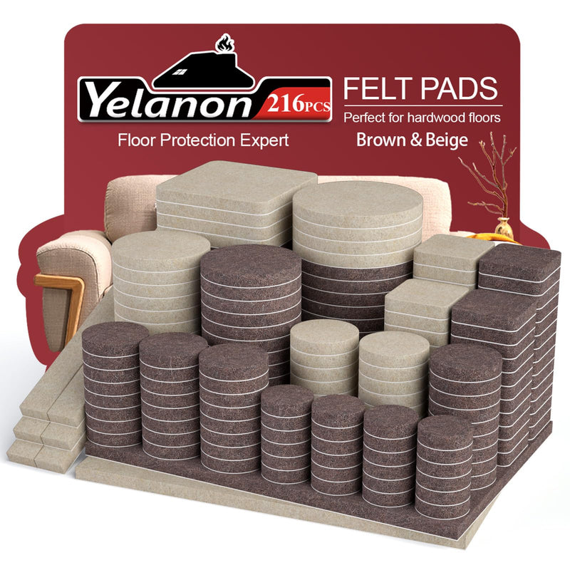 Yelanon Felt Furniture Pads for Hardwood Floors -216 Pcs Premium Felt Pads for Chair Legs, Floor Protectors for Furniture, Beige & Brown Brown&Beige