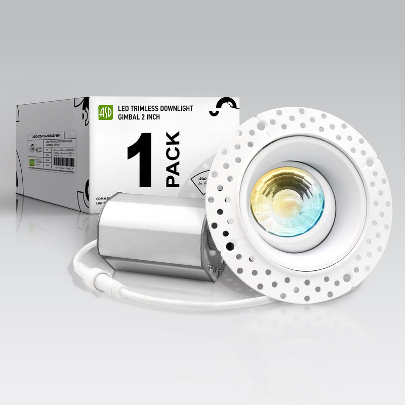 ASD 2 Inch Trimless Gimbal LED Recessed Ceiling Light Fixture, Adjustable Directional Downlight with Junction Box, 5CCT 2700K-5000K, 8W 717 Lumens, CRI90+, Anti-Glare, Dimmable, IC & Wet Rated, ETL 1 White Gimbal 1 Pack 2" 8 Watt