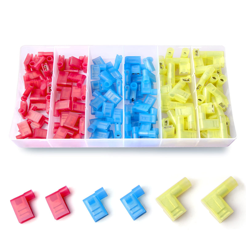 120PCS Nylon Insulated Flag Spade Quick Disconnects Wire Connectors, 90 Degree Electrical Female Crimp Terminals Assortment Kit AWG22-10 120 PCS Flag Wire Connectors