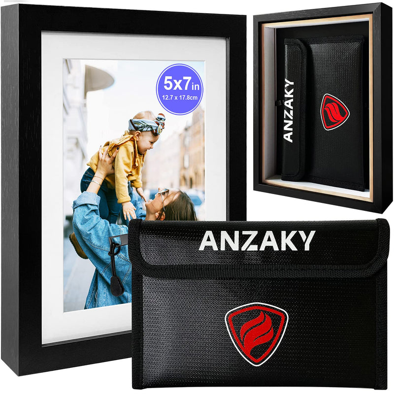 Photo Picture Frame Diversion Safe with Fireproof & Waterproof Money Bag, Valuable Storage, Home Security, ANZAKY Mini Box with Hidden Compartment to Shield your Money, Cash, 5"x7" Black 5x7 inch