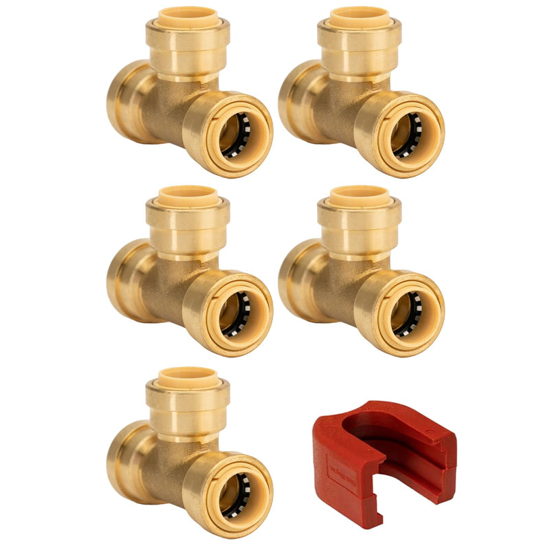 QuickFitting 1/2 Inch Tee Connector, Push to Connect Brass Plumbing Fitting with Slip Clip Disconnect Tool, for Copper, PEX and CPVC, 5 Pack 1/2 inch (5-Pack)