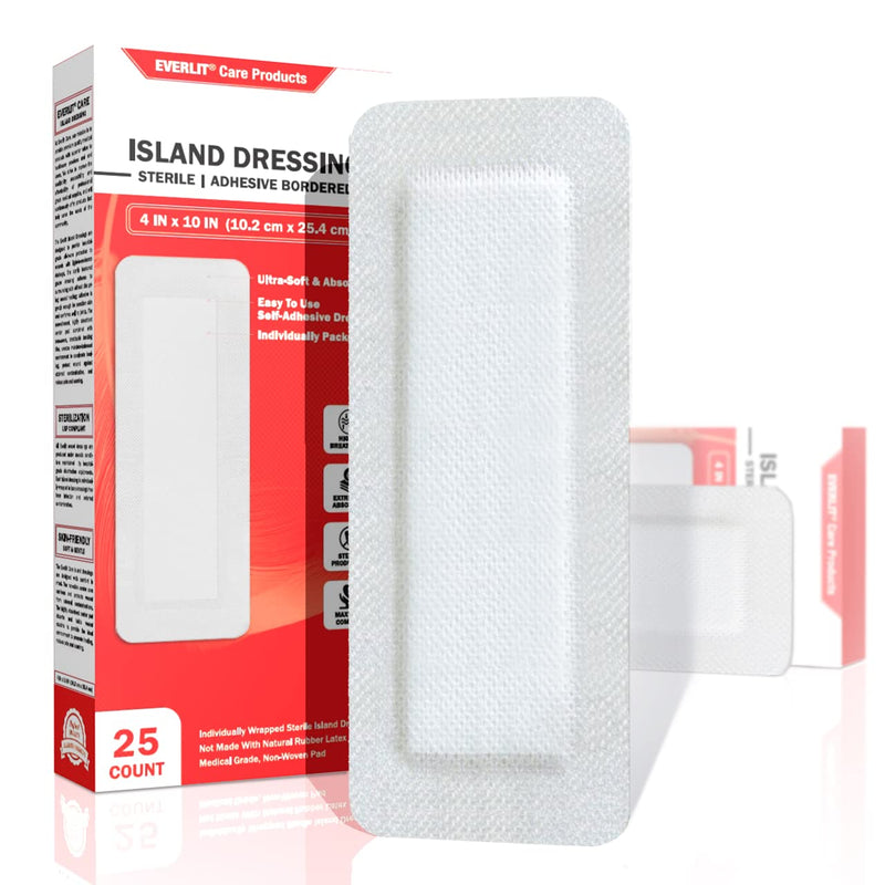 EVERLIT Island Dressing Bordered Gauze | Large Wound Care Bandage with Adhesive Border| Sterile, Soft & Highly Absorbent Medical Grade Dressing Pad (4x10 Inch (Pack of 25)) 4x10 Inch (Pack of 25)