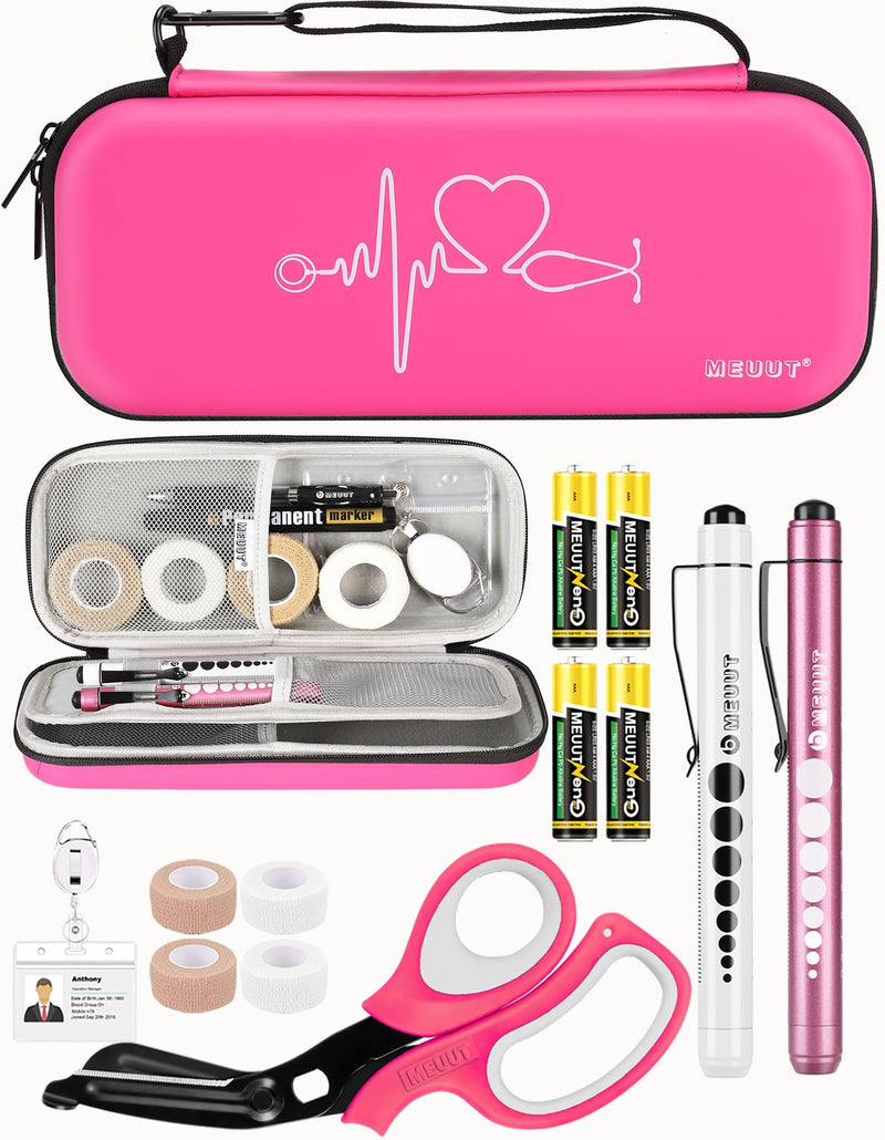 MEUUT 15 pcs Stethoscope Case Kits, Perfect Nurse Gift First Aid Kit with Stethoscope Case, Penlights, Bandage Wraps, Badge Holders, Medical Scissors PU_Raspberry
