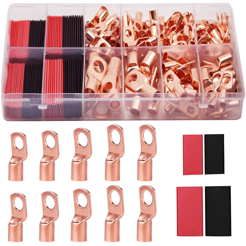 TKDMR 160Pcs Copper Wire Lugs AWG2 4 6 8 10 12 with Heat Shrink Set, 80Pcs Battery Cable Ends Ring Terminals Connectors Tubing Assortment Kit 10 Kind Sizes 160