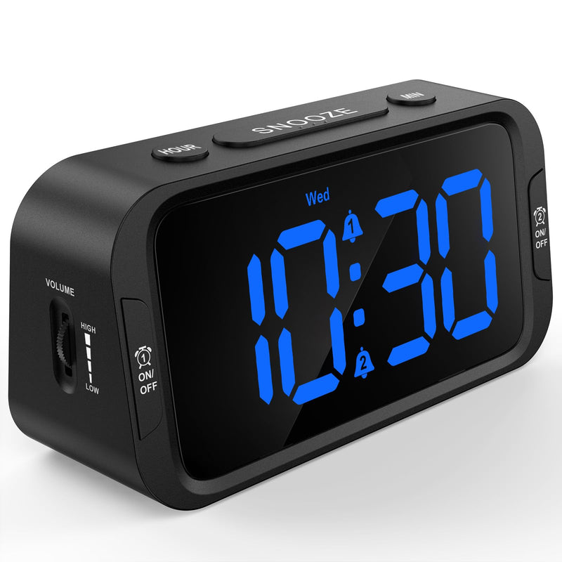 Digital Dual Alarm Clock for Bedroom, Easy to Set, 0-100% Dimmer, USB Charger, 5 Sounds Adjustable Volume, Weekday/Weekend Mode, Snooze, 12/24Hr, Battery Backup, Compact for Bedside(Blue) Black - Blue Led