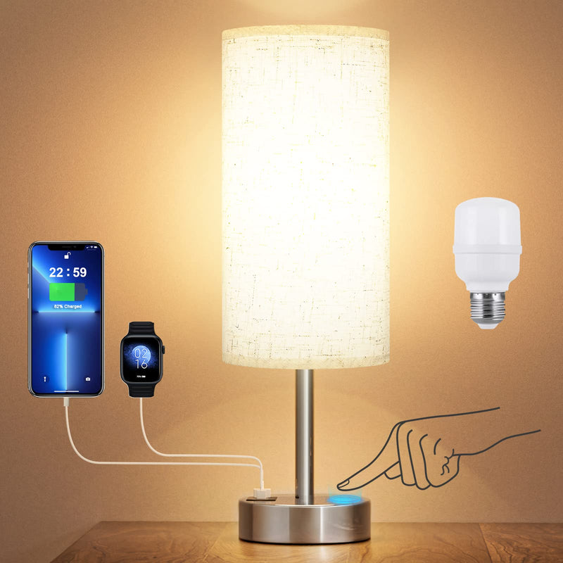 Touch Table Lamp for Bedroom Nightstand - Bedside Lamp with USB-C USB-A Charging Ports White, 3 Way Dimmable Small Lamp Fabric Shade Silver Base for Bedroom, Dorm Room, Office, Living Room, Reading 14in Cream