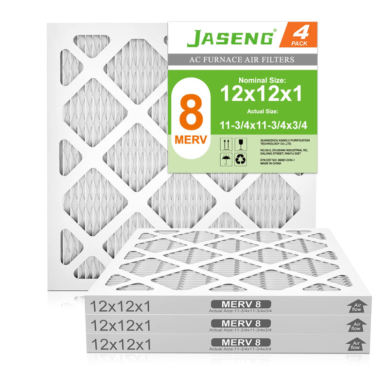 12x12x1 AC Furnace Air Filters,(4-Pack) MERV 8 Dust Defense, JASENG MPR 600 Pleated HVAC Replacement Air Filter (exact dimensions: 11 3/4"x11 3/4"x3/4") 4Pack-12x12x1