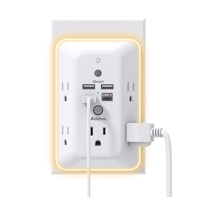 Surge Protector, Outlet Extender with Night Light, Addtam 5-Outlet Splitter and 4 USB Ports(1 USB C), Multi Plug Wall Outlet for Home Office Dorm Room Essentials 1C3A White