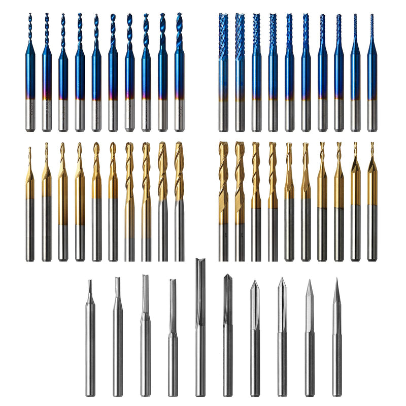 50pcs Tungsten Carbide End Mill Router Bits, 1/8'' Shank CNC Bit Set Including 2-Flute Straight Bit, Flat Nose & Ball Nose End Mill, PCB Drill & V-Groove Engraving Bits, Nano Blue Coat, MC50A