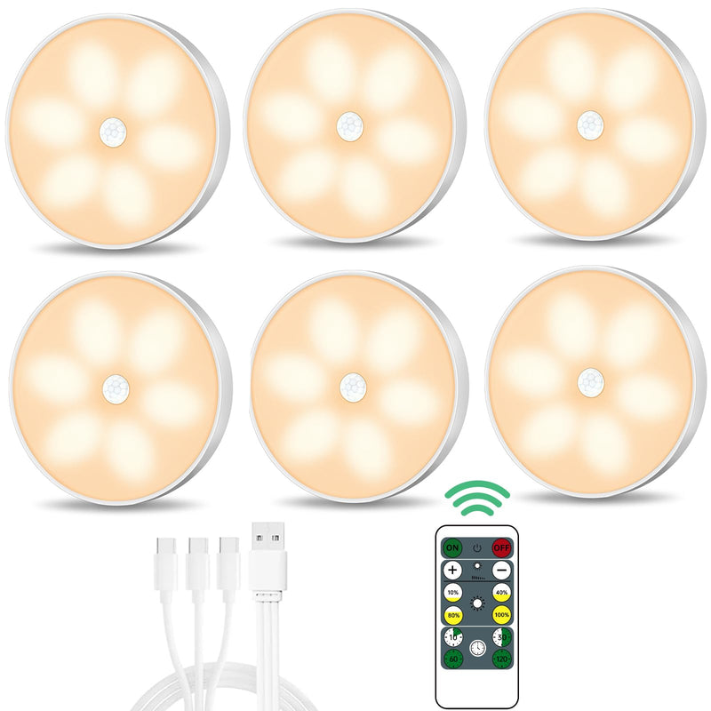 Warm Color LED Closet Lights Wireless Motion Sensor Puck Light, USB Rechargeable Battery Operated Puck Lights with Remote, Dimmable Under Cabinet Counter Lighting for Wardrobe Kitchen (6 Pack) Warm White 6 Pack