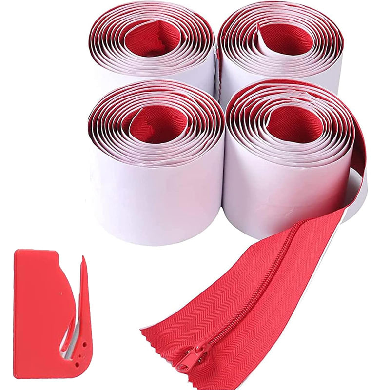 (4-Pack) Heavy-Duty Dust Protector Zipper (Red) - Self-Adhesive Instant Door Zipper - 7 Ft Long x 3 in Wide Zipper - Includes 4 Zippers and Plastic Sheeting Cutter Accessories Red (4 Pack)