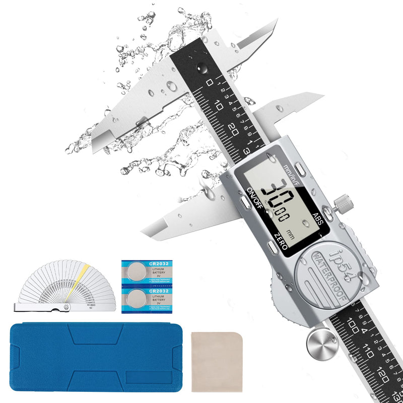 Digital Caliper 6 Inch, (ABS) Absolute Scale Caliper, IP54 Caliper Measuring Tool, Inch/MM/Fraction, Auto-Off LCD Stainless Steel Waterproof Micrometer Vernier Caliper, with Feeler Gauges ABS ABS-150mm