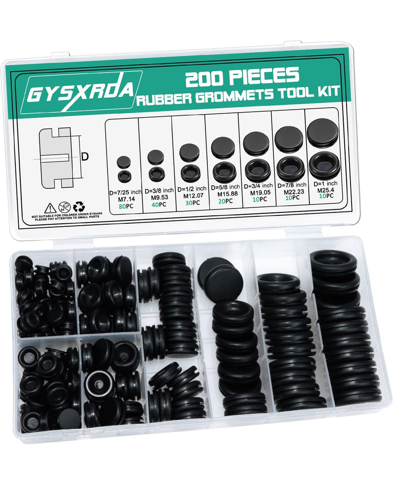 Rubber Grommet Kit 200 Pack - 7 Sizes Firewall Rubber Hole Plugs Rubber Grommets for Wiring, Automotive, Home Improvement Cord Pipe Wire Organization (7/25, 3/8, 1/2, 5/8, 3/4, 7/8, 1 inch) B