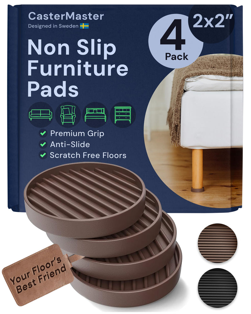 CasterMaster Non Slip Furniture Pads for Hardwood Floors - 2x2 Brown Round Rubber Feet for Furniture - Anti Slip Couch Stoppers to Prevent Sliding - Set of 4 Bed Stoppers