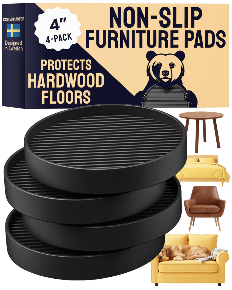 CasterMaster Heavy Duty Non Slip Furniture Pads for Wood Floors & Carpet - 4x4 Black Round Caster Cups - Rubber Feet for Furniture - Stop Bed Sliding - Bed Frame Legs Protectors (Set of 4)