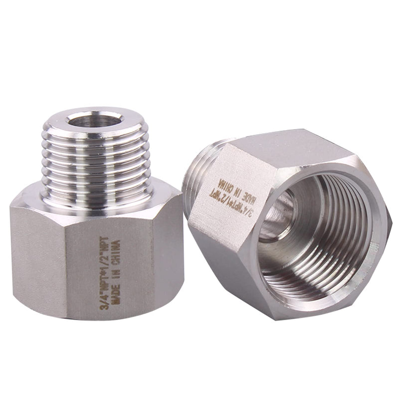 Forged Reducer Adapter Fitting - Stainless Steel 304 Reducing Pipe Connector, 3/4" NPT Female x 1/2" NPT Male (pack of 2) 3/4" Female x 1/2" Male Pack of 2