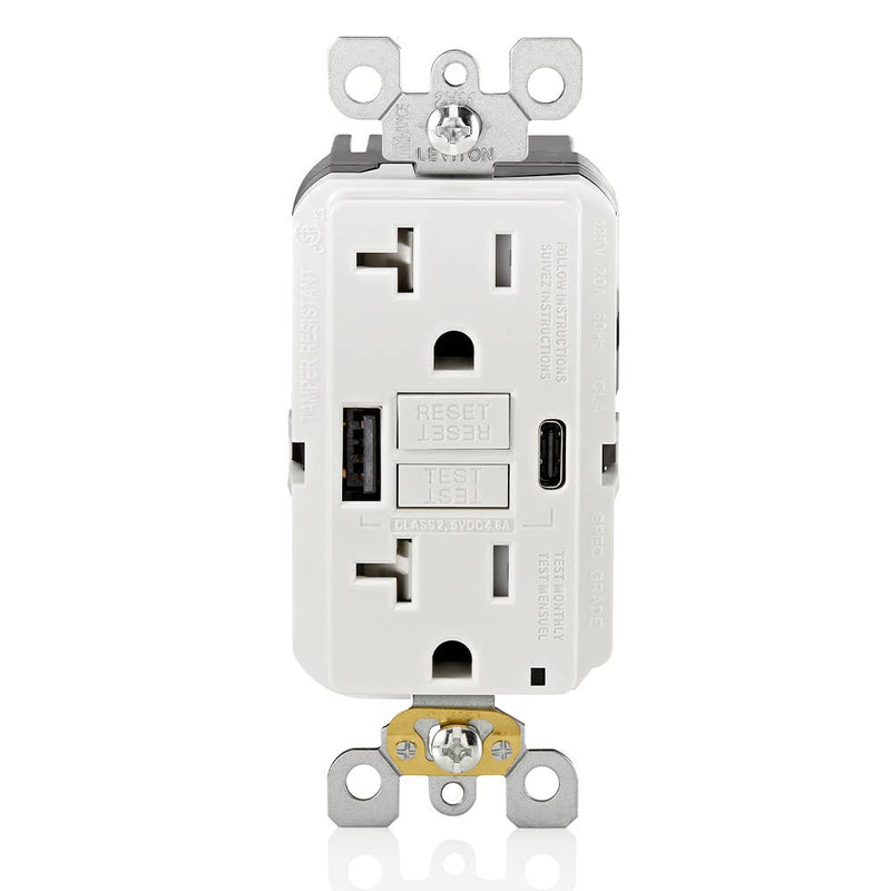Leviton GUAC2-W 20A SmartlockPro Self-Test GFCI Combination with Type A & Type-C USB in-Wall, USB Charger for Smartphones and Tablets Type A/C USB w/GFCI White
