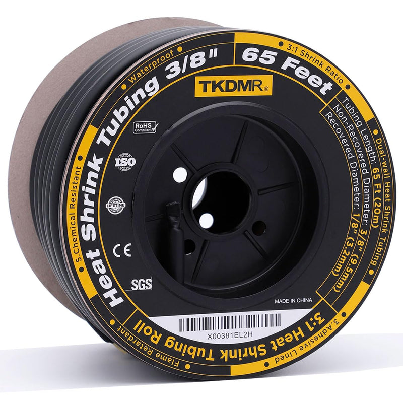 TKDMR 65 Ft 3/8" Heat Shrink Tubing - 3:1 Ratio Marine Grade Heat Shrink,Wire Cable Adhesive Lined Tube Insulation Seal Against Moisture Corrosion and Air Leakage.Black 9.5mm (3/8") - 65Ft Black
