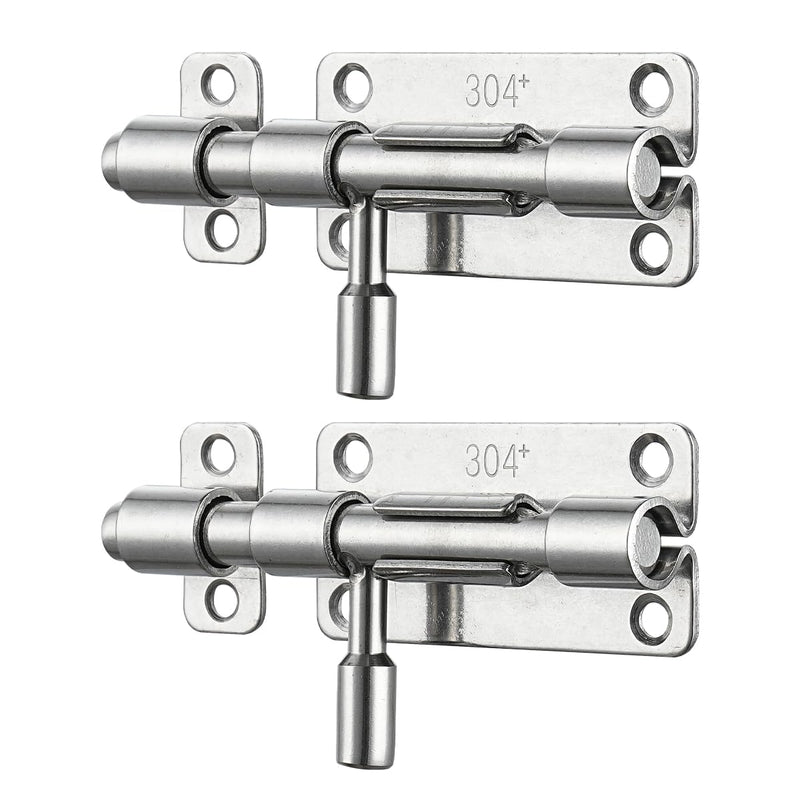 JQK Door Latch Lock Barrel Bolt 4 Inch, 304 Stainless Steel Slide Gate Latches Security Thickened 1.4mm with Padlock Hole, Silver, 2 Pack HBB120-P2