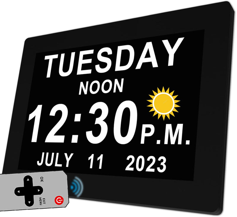 MASSII 19 Alarms Digital Talking Clock with Loud Voice Time Date, Auto DST, 20 Custom Reminders, 10-Level Dimmer, Sleep Trainer, Speaking Day Date Calendar Clock for Seniors Dementia- with Remote 7" Hd Black
