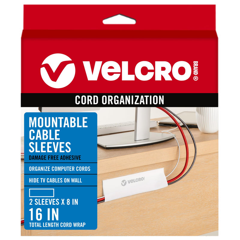 VELCRO Brand Cable Sleeves. Organize Messy Wires on Desk, Behind TV or Game Console. 16-Inch (2x8in) White. Removable Adhesive Mounts to Smooth Surfaces 8in - 2Pk
