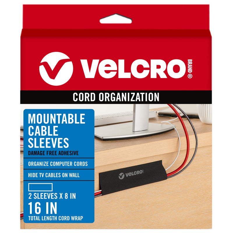 VELCRO Brand Mountable Cable Sleeve | Cord Management Mounts on Walls, Desk or Entertainment Center | Removable Adhesive is Damage Free | 8in Black, 2pk, 8in - 2Pk