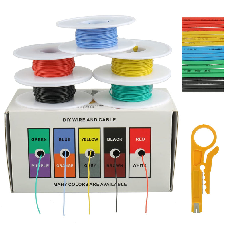 BOJACK 30 AWG Flexible Silicone Wire Electric Wire Hook up Wire Kit 300V Cables with Plus 20 φ2mm Heat Shrink Tubings and a Mini Wire Stripper(5 Colors 32.81Ft Each Color, 30AWG) 30 AWG Silikondraht