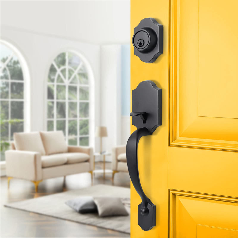 Natsukage Front Door Handle and Lock Set - Matte Black Entrance Handle With Deadbolt and Knob - Heavy-Duty Adjustable Entry Lock - Reversible for Right & Left Handed Traditional (Arc shape+Knob Handle)