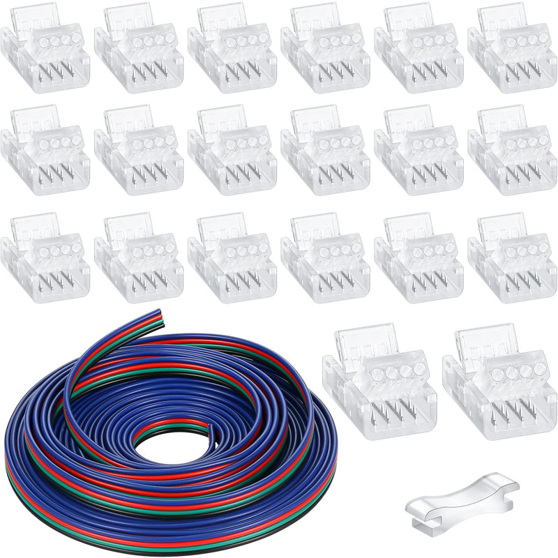 Zhengmy 20 Pack 4 Pin 10mm Solderless LED Strip Connector Transparent Track Lighting LED Pin Connectors with Wire Strip 16.4ft for 5050(4 Pin, 10 mm) 4 Pin, 10 mm