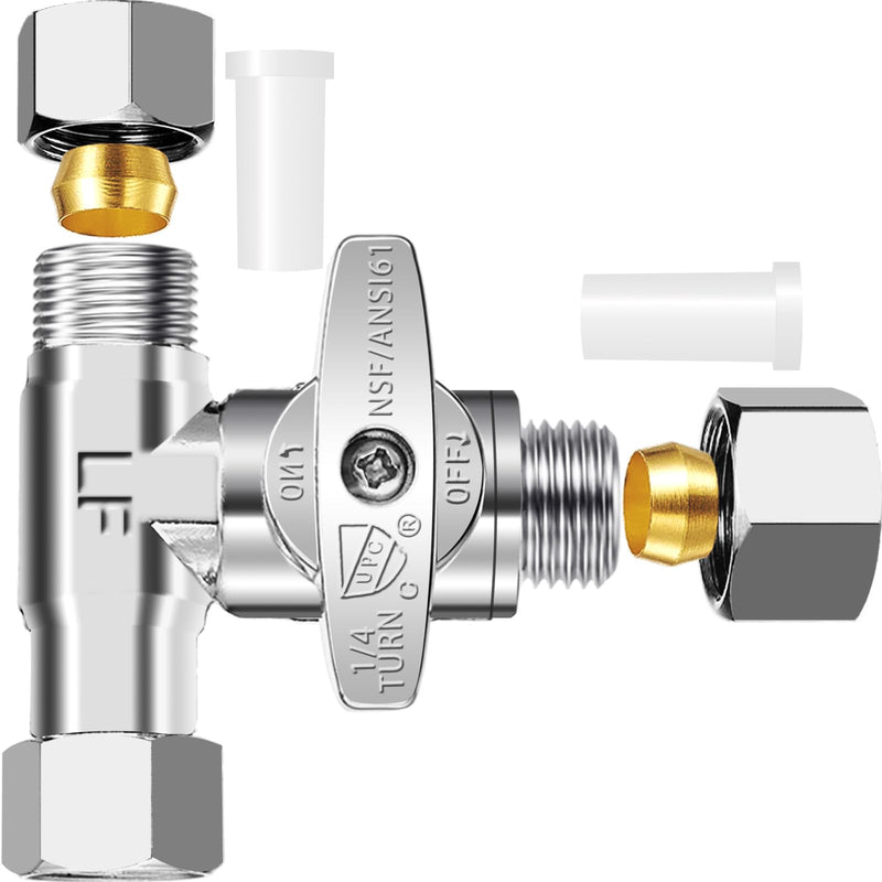 Tee Stop Valve - Lead-Free Add-A-Tee Valve 3/8 Inch x 3/8 Inch x 3/8 Inch,1/4 Turn Brass Extender Tee Connector with Built-in Sealing Gasket for Faucet,Glass Rinser,Dishwasher,Washing Machine 3/8 Comp-3/8 Comp-3/8 Comp Tee Valve