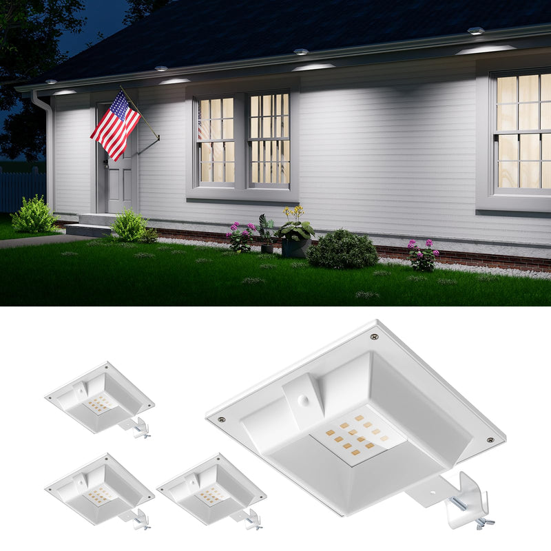 4 Pack White Solar Powered Gutter Lights Outdoor Decorative Waterproof 12 LEDs Yard Lamp for Lighting Fence, Railing, Outside Wall, Deck, Garden, Path, Backyard, Walkway, Patio, Holeless Installation Cool White White Shell-4 Pack