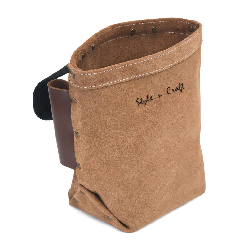 Style n Craft Iron Worker’s Bolt Bag with Double Bull Pin Leather Loops, Heavy-Duty Suede Leather Tool Bag, Dark Tan (88515)