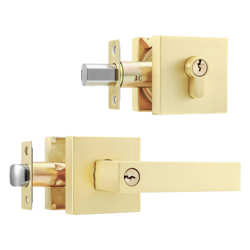 Leydebong 1 Pack Gold Entry Door Locksets with Single Cylinder Deadbolt, Front Door Lock Set, Heavy Duty Entrance Lever Door Handle Single Keyed Square Deadbolt Lock Single Cylinder Deadbolt Lockset - Keyed Alike Satin Brass