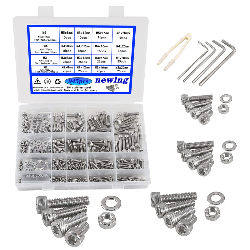 newlng 945pcs Screws Set M2 M3 M4 M5 Screws with Nuts and Washers Set Stainless Steel 304 Hexagon Cylinder for DIY Fixing with Storage Box M2345-2