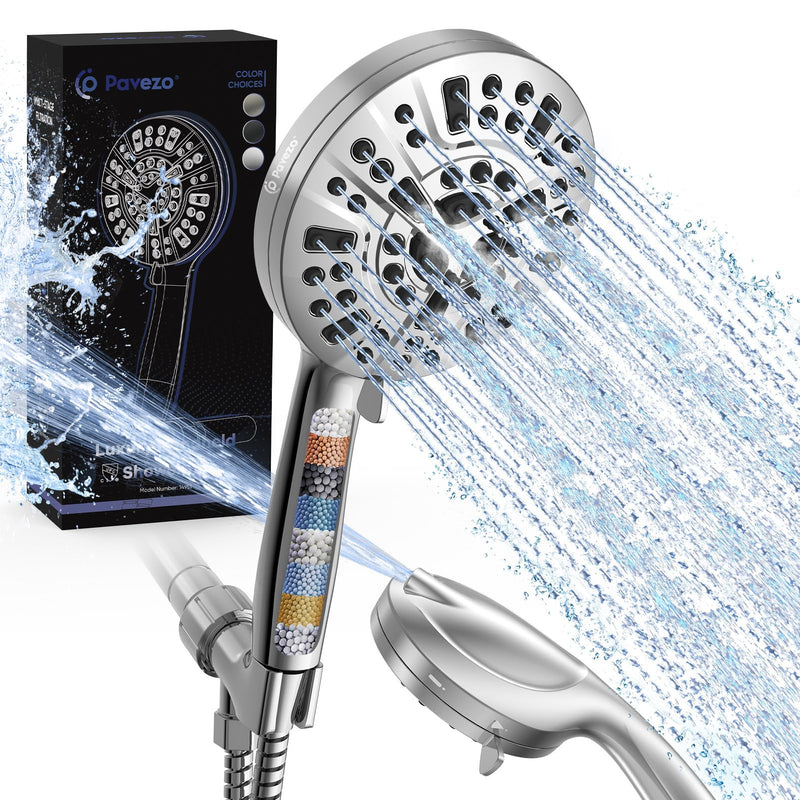 Pavezo® High Pressure Shower Head Handheld 5" Large, Extra Long 60" SS Hose 10-mode Portable Detachable Shower Head with Hard Water Filter for Bathroom, Anti-clog & Powerful to Clean Tile & Pets Chrome