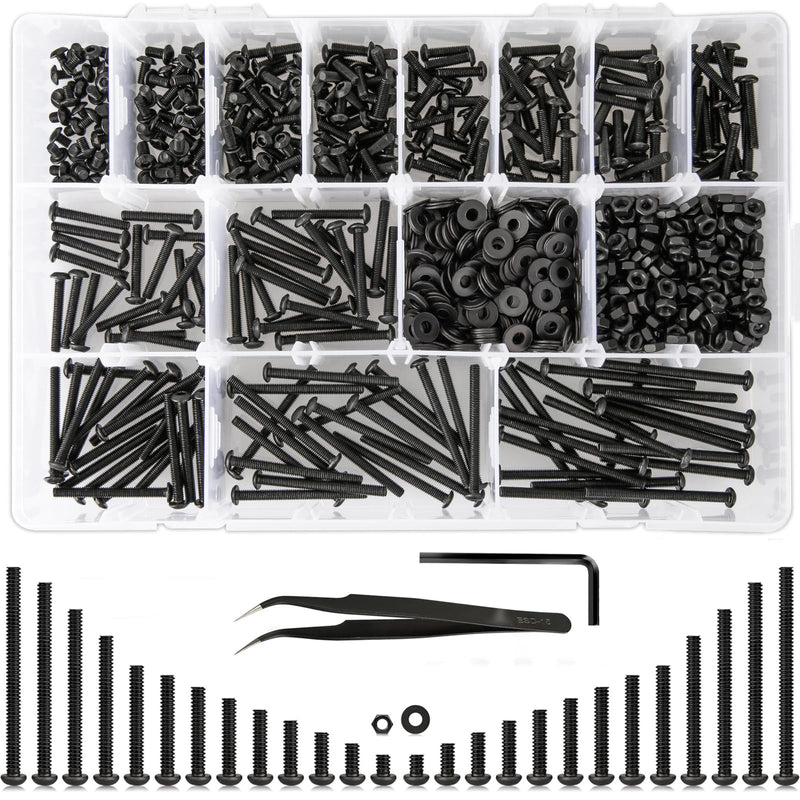 1023Pcs M3 Screw Assortment 13 Lengths 4mm to 40mm, 10.9 Alloy Steel Nuts and Bolts Assortment Kit, Metric Button Head Hex Socket Head Cap Machine Screws and Nuts, Washers, Black B M3 Button Head Screws Black