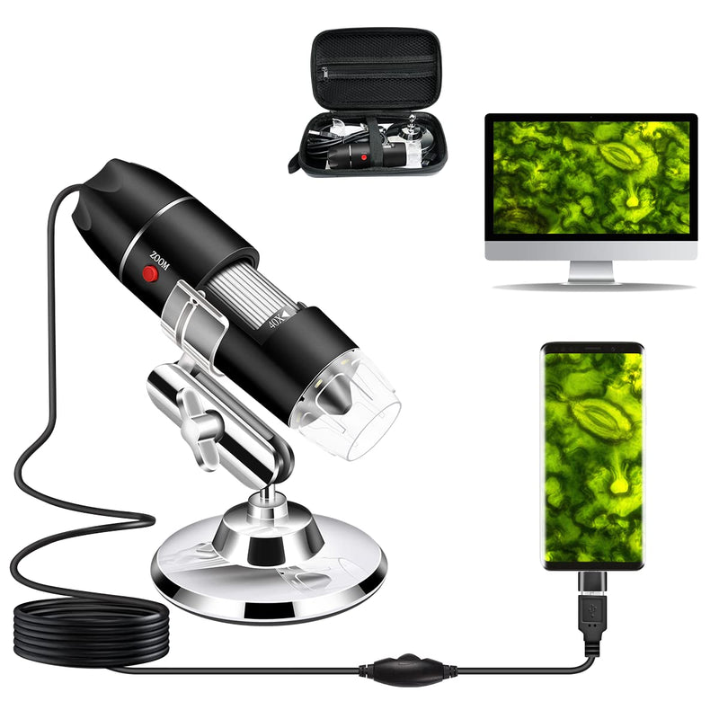 USB Microscope Camera 40X to 1000X, Cainda Digital Microscope with Metal Stand & Carrying Case, Compatible with Android Windows Linux Mac, Portable Microscope Camera for Kids Students Adults Black