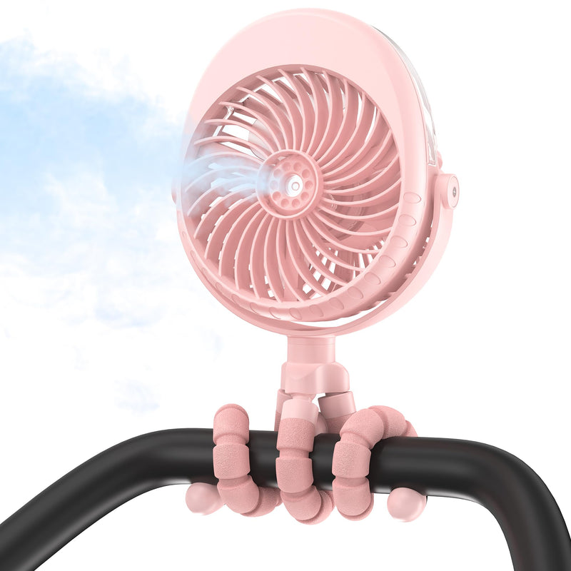 2025 Upgarded 4000mAh Misting Baby Stroller Fan, Rechargeable Battery Operated,Max 15Hrs Cooling,50ml Portable Water Sprayer Misting Fan with Flexible Tripod Clip on Car Seat Crib Treadmill Bunk Bed Pink