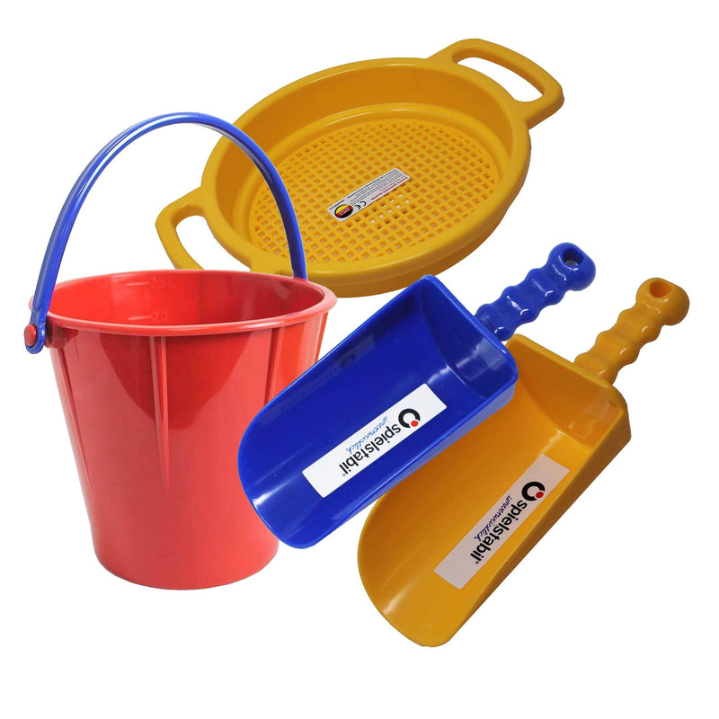 Spielstabil Large Sand Toys Bundle for Kids - Heavy Duty Sandbox Toys with Large Pail, Sieve, and 2 Scoops, Kids Summer Toys for Beach, Colors Vary, Ages 2.5 and Up