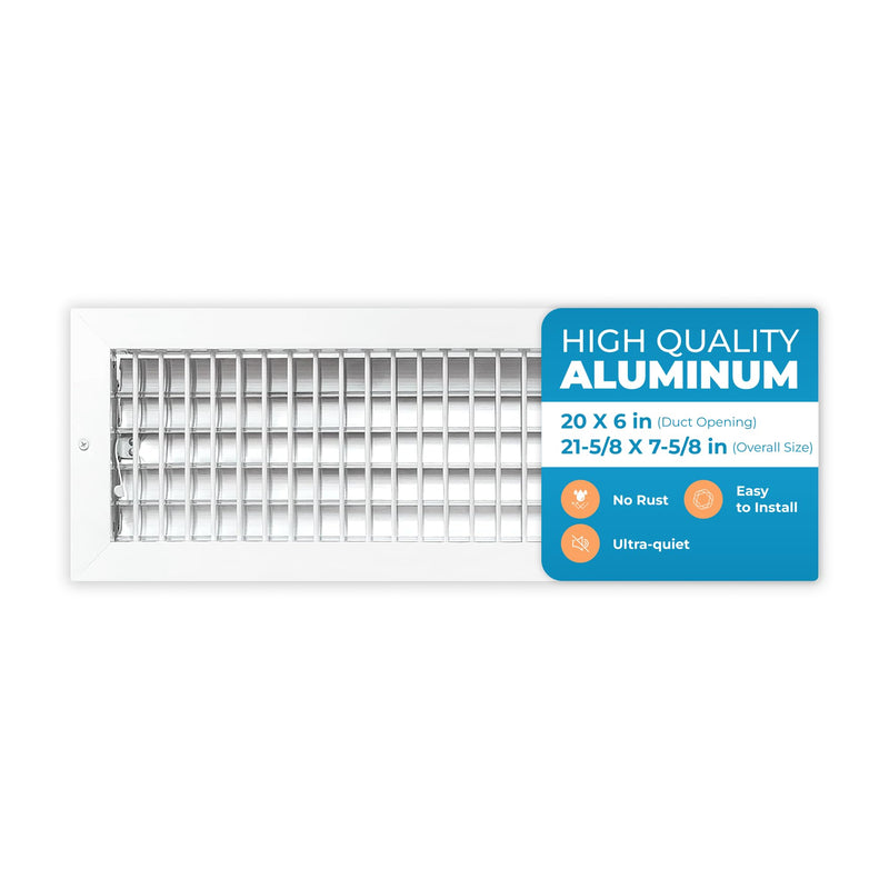 Aluminum 20 x 6 In (Duct Opening) Heater Vent Deflector Wall AC Grille – Premium Register Vent Cover – Durable Rustproof Wall Grille – Overall Size 21-5/8 x 7-5/8 Inch – Adjustable Front Blades, White 20"W x 6"H [Duct Opening]