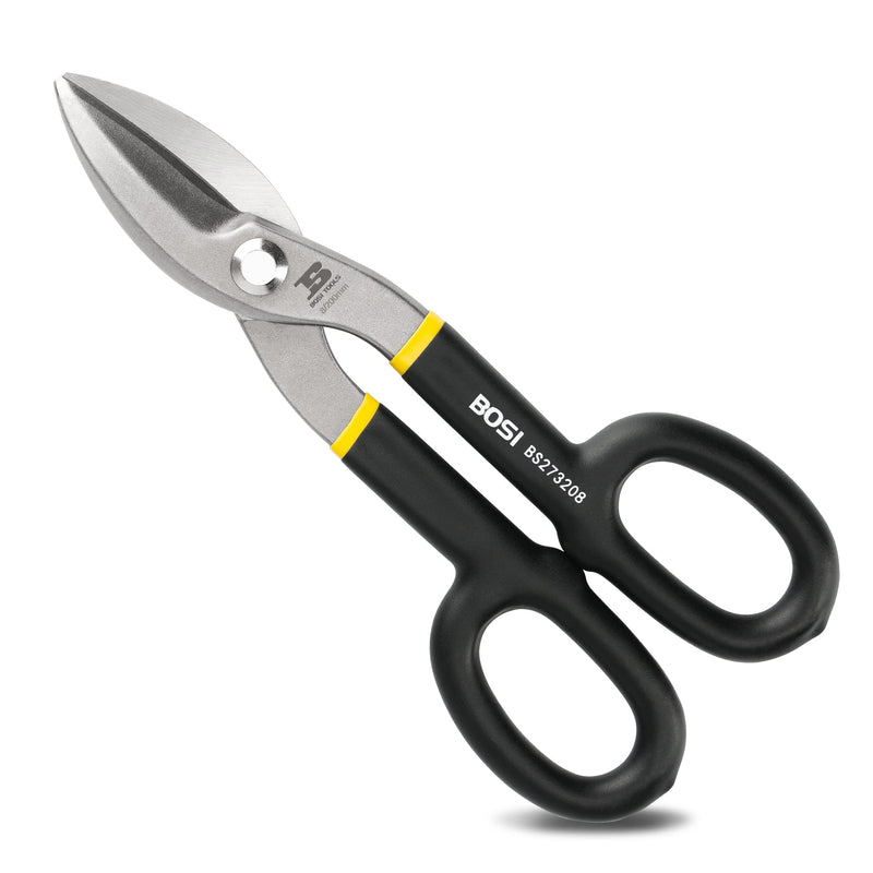 8 Inch Straight Pattern Tin Snips Metal Cutters, High Strength Forged and Heat Treated Carbon Steel with Comfortable Black Rubber Handle 8 Inch