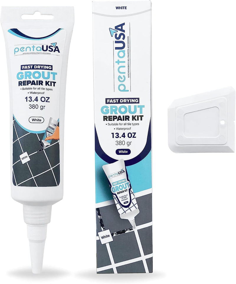 PentaUSA Tile Grout - Large Grout Filler Repairs Renews Tube, Fast Drying Grout Repair Kit, Odorless Formula - Grout Floater Included - 13.4oz / 380gr (White) White