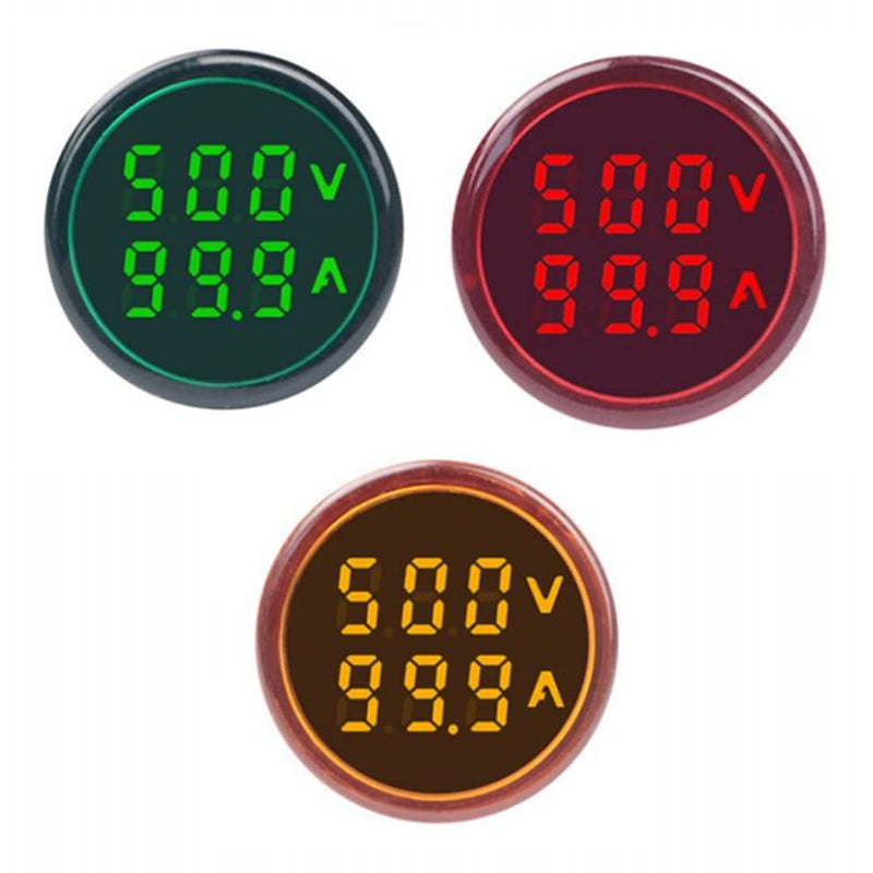 3pcs AC Current and Voltage Indicator with Two-Digit Display, 22mm Round Head LED Multi-Function Measuring Instrument Monitor Green red Yellow V . A